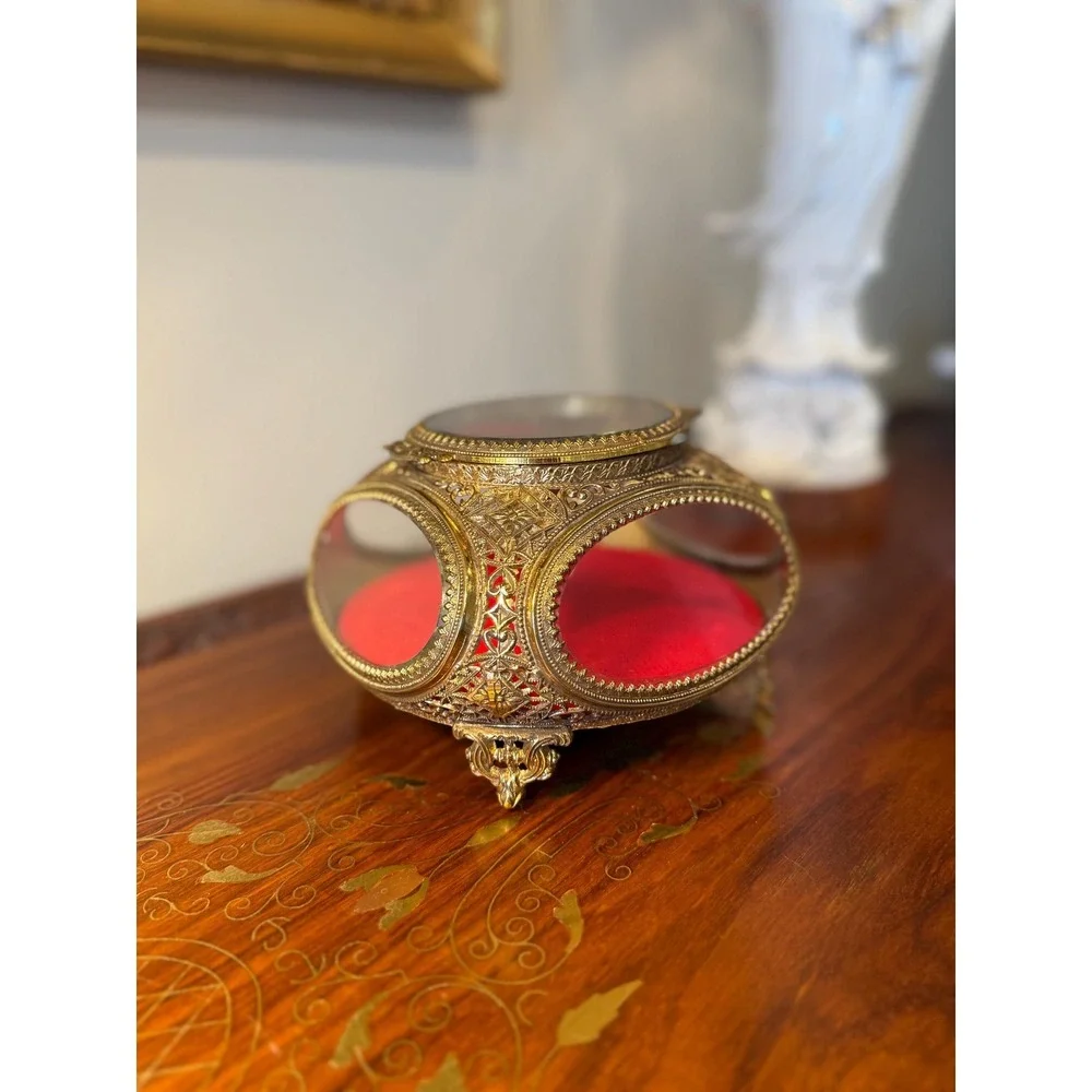Vintage Ormolu Jewelry Casket Red Velvet Beveled Glass Box - Picture 15 of 17